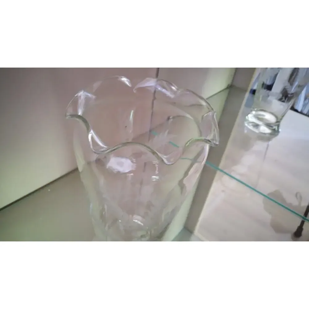 Hand Blown Clear Vase Etched Wheat Pattern‎ Initial A Ribbon Rim 9” Vintage
